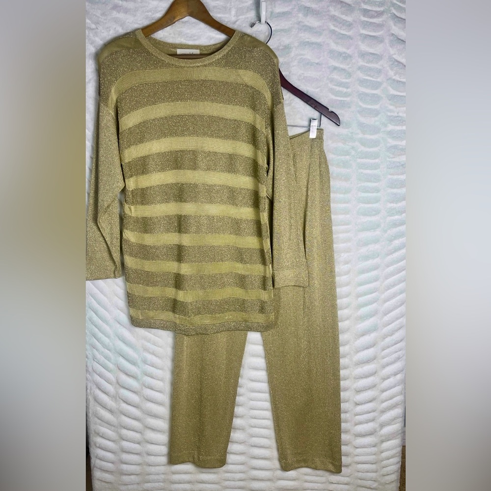 Cache Vtg 90’s Metallic Gold Striped Tunic Top Pull On Pant Resortwear Set Sz M